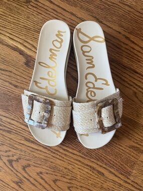 Sam Edelman Beige Raffia Slide Sandals with Tortoiseshell Buckle